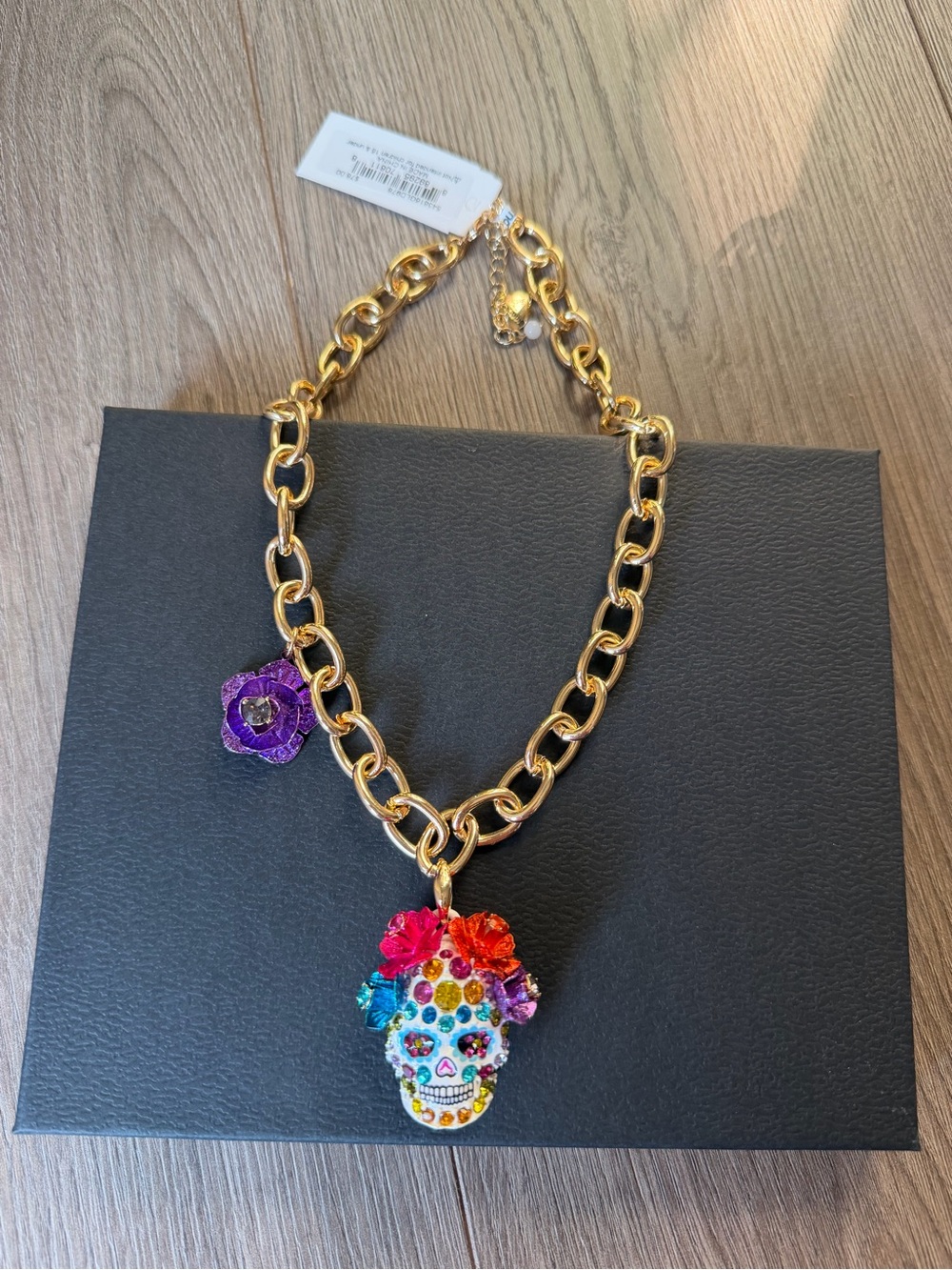 Betsey Johnson Gold-Tone Multicolor Sugar Skull Necklace with Floral Accents - Picture 3 of 4